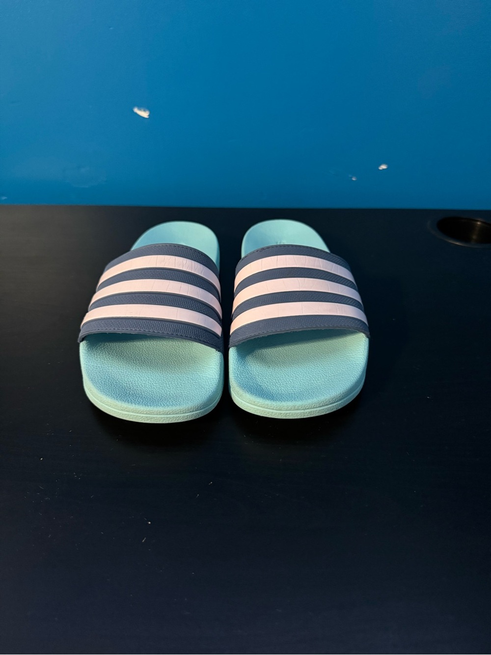 Adidas Kids Slides in Light Blue with Navy and Light Pink Stripes